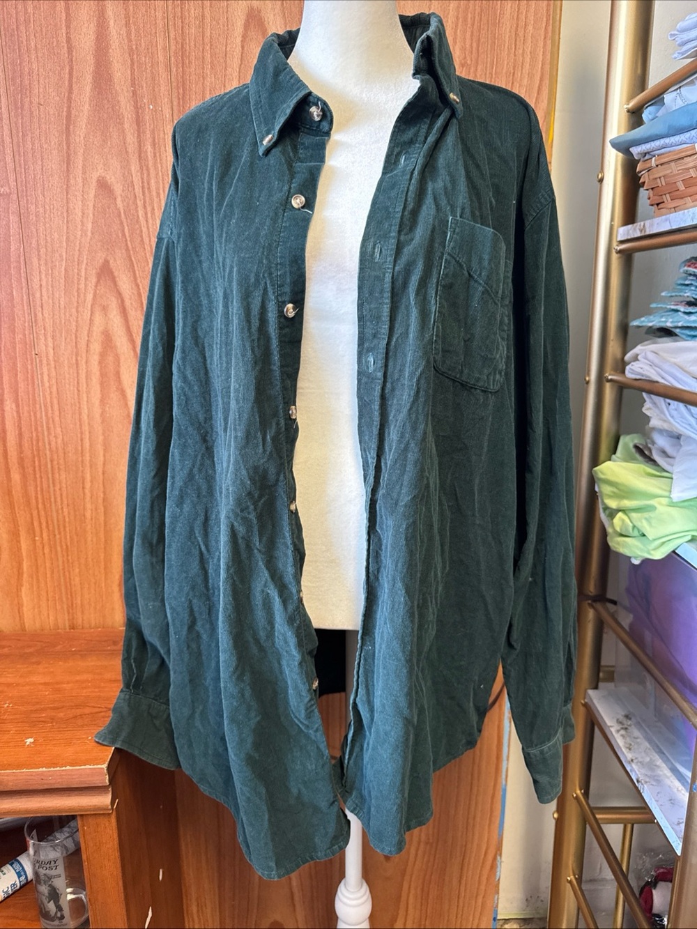 Saddlebred Mens Dark Green Corduroy Button-Up Shirt Jacket L Large 100% Cotton
